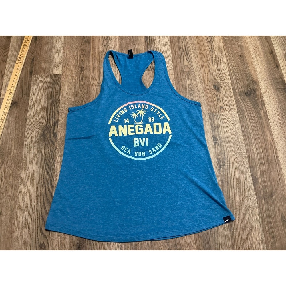 Techstyles Tank Top, Women's Large, Blue Living Island Style Anegada BI Sea Sun